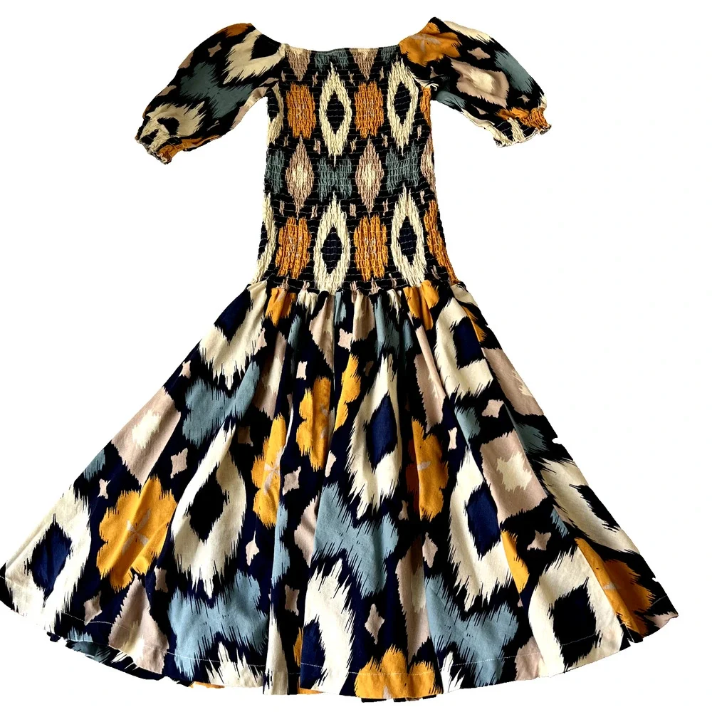 Midnight Velvet Dress Women M Blue Geometric Summer Vacation Cruise Smocked Midi